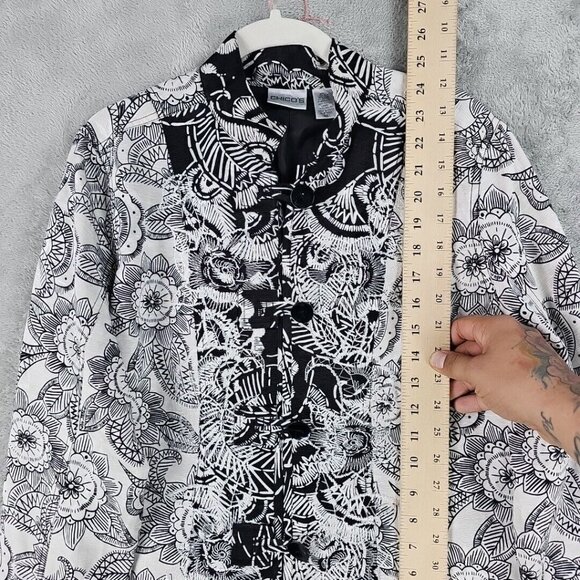 Chico's Jacket Womens Size M Silk Linen Black White Floral Print Embroidered - Picture 5 of 7